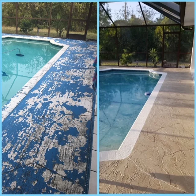 Before and after decorative concrete pool deck resurfacing orlando Pacific Stone pool deck resurfaing
