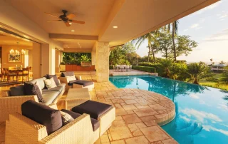 stamped concrete pool deck overlooking pool orlando home